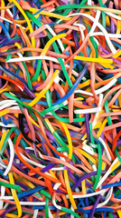 Colorful rubber bands scattered across a surface in an abstract arrangement. Generative AI