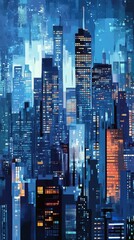 Obraz premium Nighttime Cityscape Illuminated Buildings Skyline