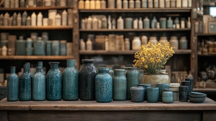 Fototapeta premium Blue ceramic jars on rustic wooden shelves