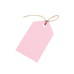 Pink paper tag with string, designed for use in labeling, gift wrapping, or as a decorative craft accessory. Isolated on transparent background, png.