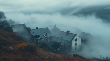 Fototapeta premium foggy rural landscape with rustic houses and greenery