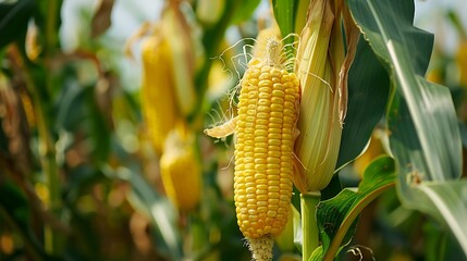 Ripe corn on the cob ready for harvest in a corn field