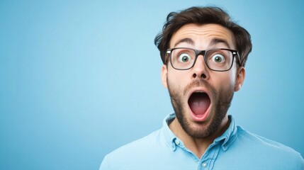 Surprised man with glasses expressing shock and excitement against a blue background in a studio setting