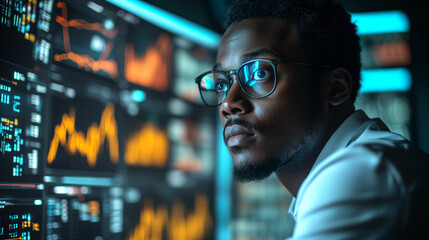 Young man analyzes data trends on high-tech display in a modern office environment during nighttime work hours. Generative AI