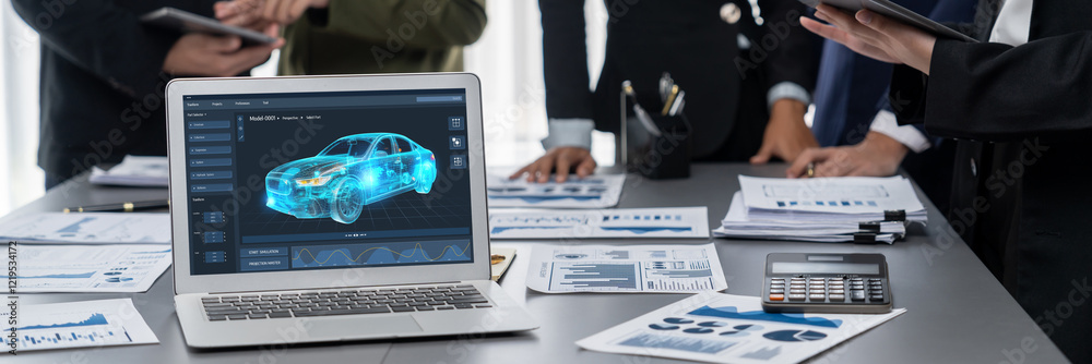 Poster electric car design software on computer screen showing simulation blueprint brisk by digital calcul