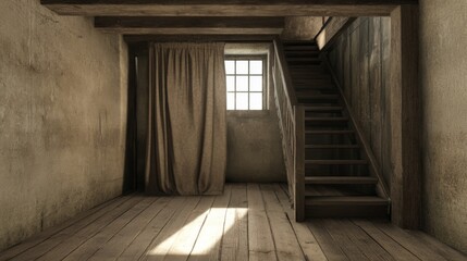 Rustic room with wooden stairs, window, and curtain.