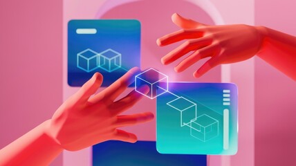 3D digital cubes interacting with hands, showcasing blockchain technology and metaverse concepts.