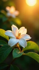 Golden hour illuminates fragrant jasmine blossoms, lush green leaves , nightfall, flowers
