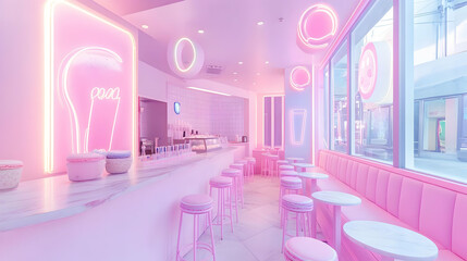 Dreamy Pink Cafe Interior Design with Neon Lights