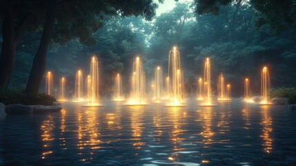 A futuristic digital landscape featuring abstract city structures and clouds,