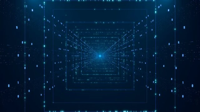 Futuristic wire frame with binary data streams. Bit, big data, zero and one, sequence, program, science, futuristic and technology. 3D animation