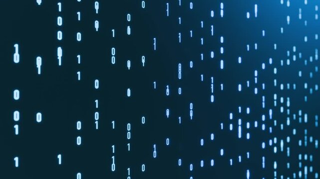 Close-up floating binary code, big data, bit and byte, abstract digital data. Computer language, technology, algorithm, dual, digital assets, system, in order, transfer, processing. 3D animation