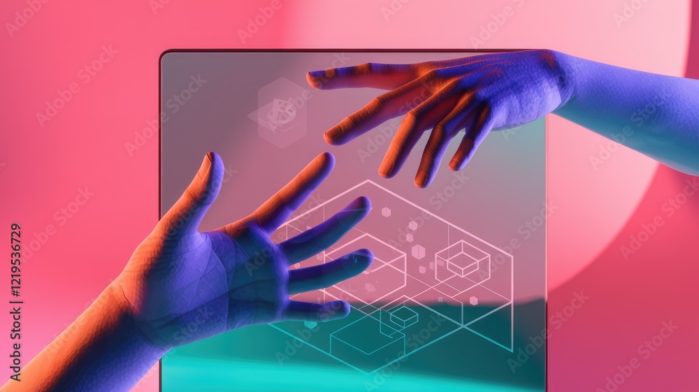 Poster two hands reaching towards a futuristic holographic interface displaying geometric shapes and a cryp