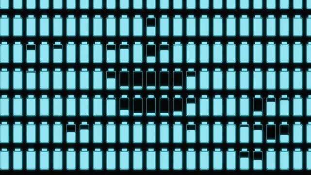 Group of battery cells, fully charged, half charged or empty. Charging status, battery level, energy consumption, electricity, energy efficiency, technology and battery symbol on screen. 3D animation
