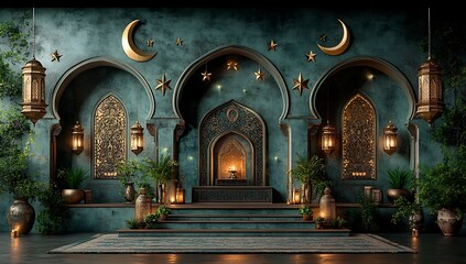 Obraz premium An Ornate Architectural Space with Arches, Crescent Moons, and Stars Under a Night Sky