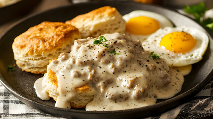 Buttermilk Biscuits with Sausage Gravy and Fried Eggs