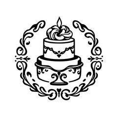 A delectable two-tiered cake, adorned with elegant frosting and a single candle, sits on a decorative stand, encircled by a graceful floral frame. Perfect for celebratory occasions.