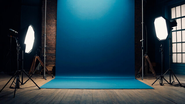 Blue backdrop with two lights on it. Minimalistic blue background.
