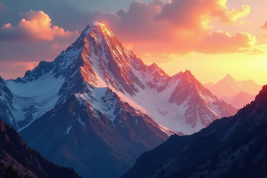 Golden light crests jagged peaks, painting sky ablaze , view, breathtaking