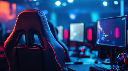 Vibrant Event Stage with Neon Lights and Branding Elements