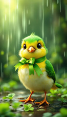 Charming green and yellow bird with ribbon in rainy forest setting, St. Patrick's Day vertical card with copy space