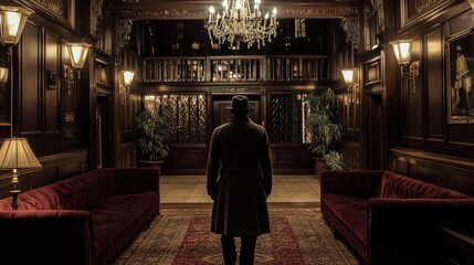 Mysterious Figure in Elegant Lobby