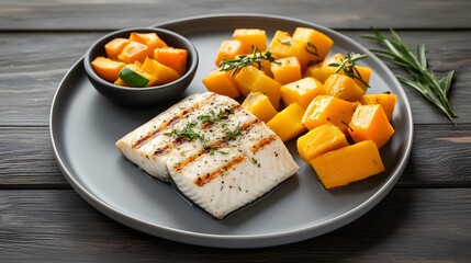 Grilled fish, roasted squash, herbs, wood background, healthy meal