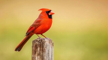 Obraz premium Vibrant male northern cardinal perched on weathered wood post against blurred natural background.