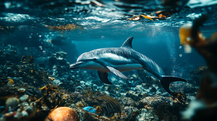 Obraz premium Dolphin swimming gracefully amid underwater rocks and seaweed in a vibrant marine habitat. Generative AI