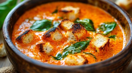 Image of rice and creamy tomato basil soup with garlic croutons in a rustic bowl, emphasizing rich and comforting qualities. Ideal for cozy meals and Italian cuisine.