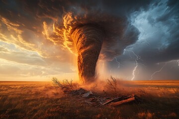 Fiery sunset, massive tornado, lightning strikes, debris field.