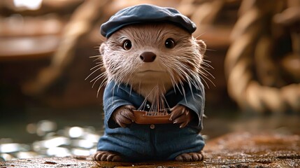 Otter dressed in a blue outfit holding a small boat while posing on a rustic wooden surface