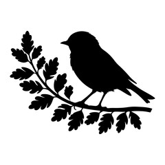 Silhouette of a Bird Perched on a Branch with Detailed Leaves – Minimalistic Black and White bird silhouette Design...