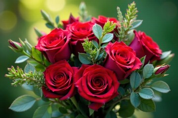 Obraz premium Colorful bouquet with red roses and green eucalyptus, spring, garden, flowers