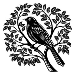 Silhouette of a Bird Perched on a Branch with Detailed Leaves – Minimalistic Black and White bird silhouette Design...