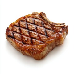 A juicy grilled steak with a caramelized crust, isolated white background, hyperrealism art style