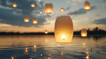 A scenic view of lanterns floating into the sky during the festival s climax close up, surreal, Overlay, riverside field backdrop