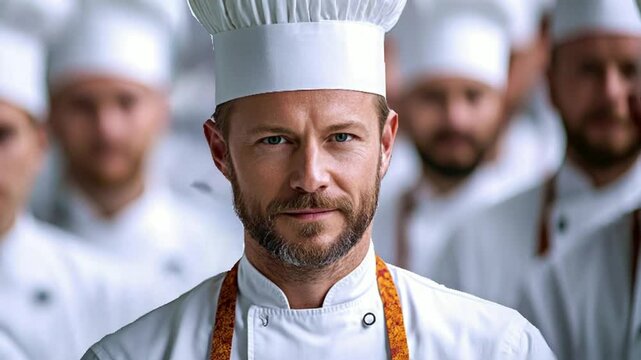 A large assembly of chefs dressed in classic white uniforms stands proudly in a professional kitchen. This gathering showcases their passion for culinary arts and teamwork.