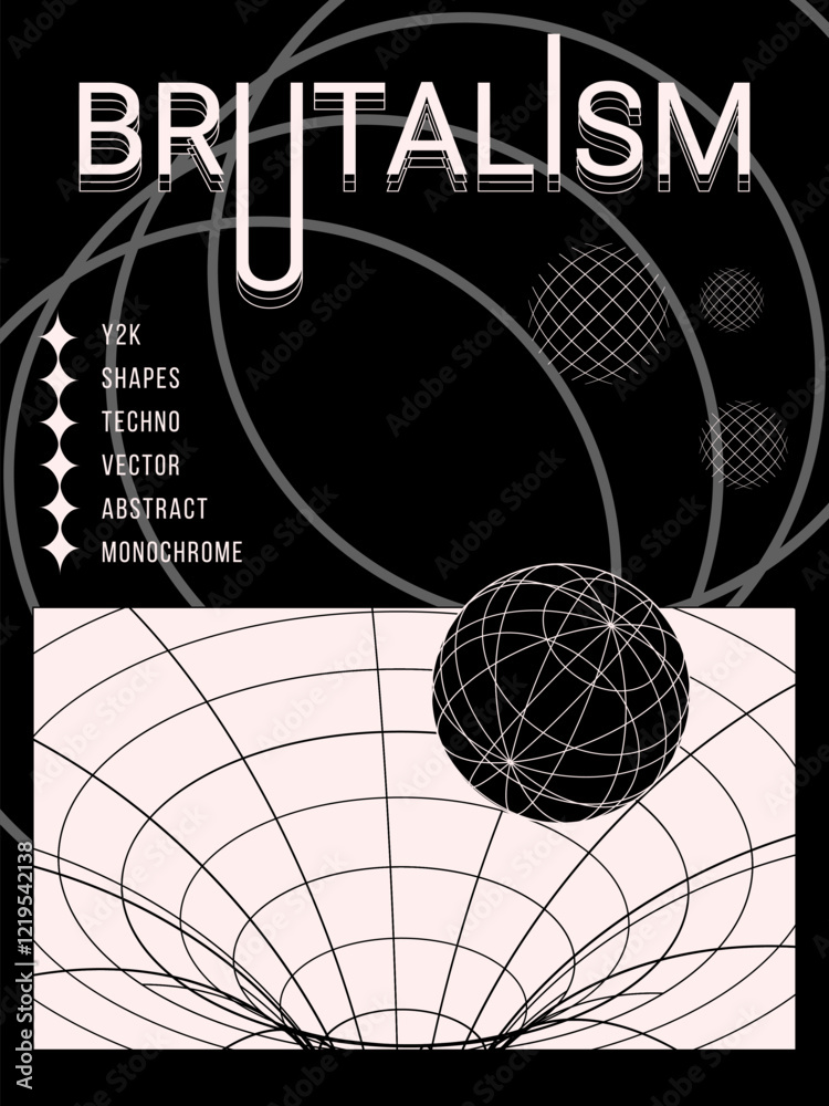 Poster Brutalist Y2K poster with 3D wireframe shapes, cyberpunk banner with geometric elements in psychedelic aesthetic on black background. Rave monochrome composition. Vector illustration.