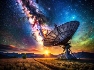 Surreal Night Sky: Giant Satellite Dish in Starry Field