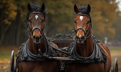 Obraz premium Two harnessed brown horses, elegant carriage.