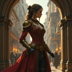 Elaborately Costumed Individual Under Ornate Archway Amidst Warmly Lit Historical Street Scene