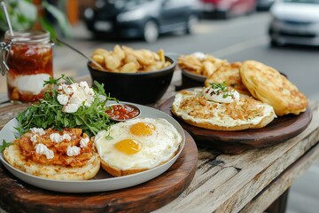 Morning break in a foodie city . Delicious brunch spread with eggs, potatoes, and fresh toppings.
