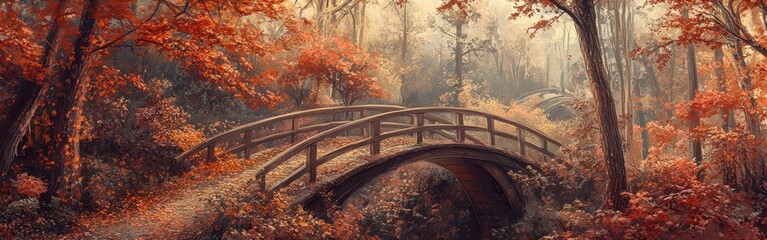 Wooden Bridges Arching Over Autumnal Forest Path