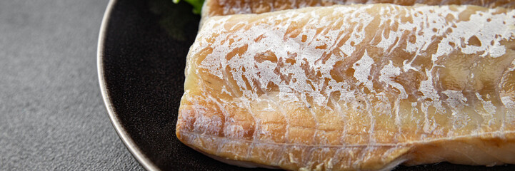 white fish fillet raw seafood fresh tasty food dish delicious gourmet food background on the table rustic food top view copy space pescetarian diet