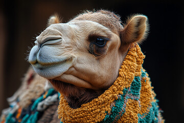 Obraz premium Dromedary Camel Portrait Wearing Colorful Neckwear