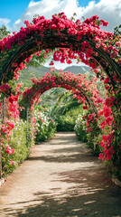Fototapeta premium Blossoming archway leads through vibrant flower garden in sunny afternoon light. Generative AI