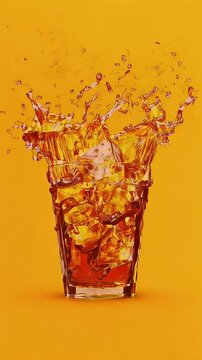Iced tea splash, glass, ice cubes, yellow background, refreshing drink