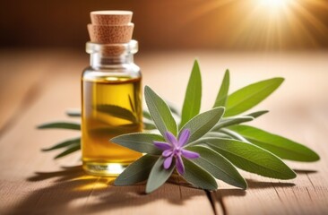 a small glass bottle of sage oil on a wooden table, fresh green sage sprig, twig, medicinal solution, food flavor, wooden background, sunny day