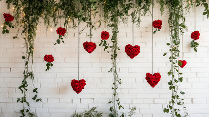 Hanging Red Heart Roses with Greenery. Red heart-shaped rose decorations hanging against a white brick wall with lush greenery, ideal for love and wedding themes.